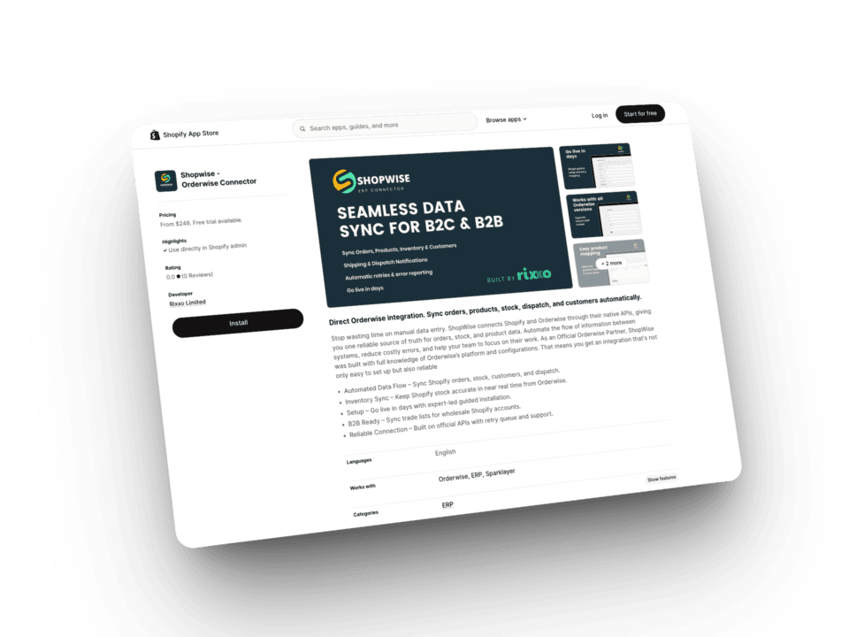 Shopwise Orderwise and Shopify API connector by Rixxo